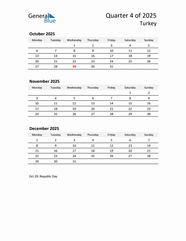 2025 Q4 Three-Month Calendar for Turkey