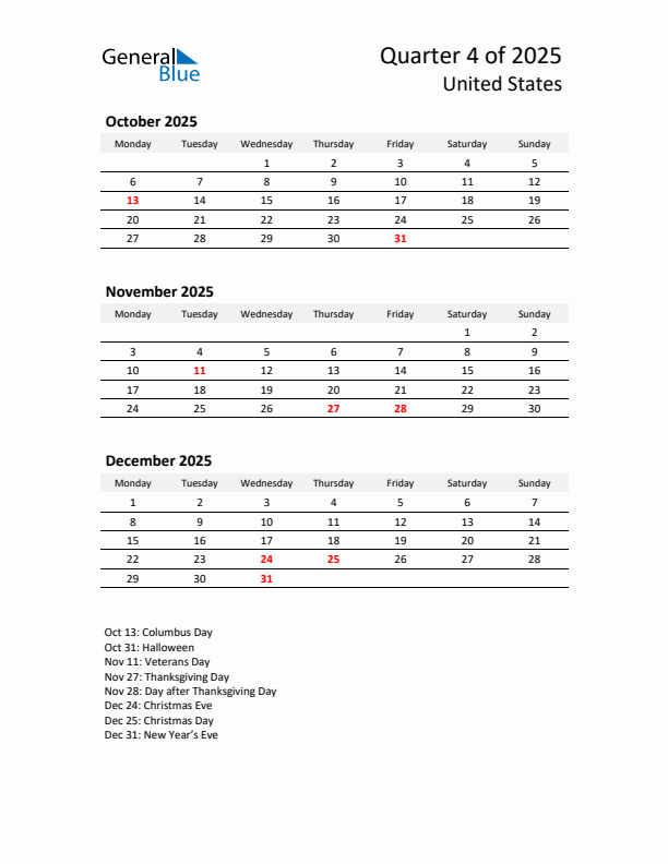 2025 Q4 Three-Month Calendar for United States