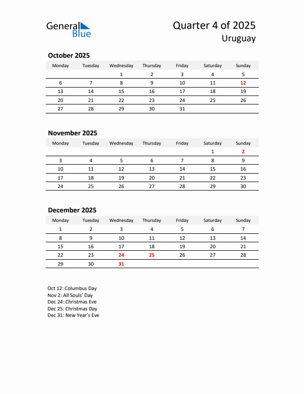 2025 Q4 Three-Month Calendar for Uruguay