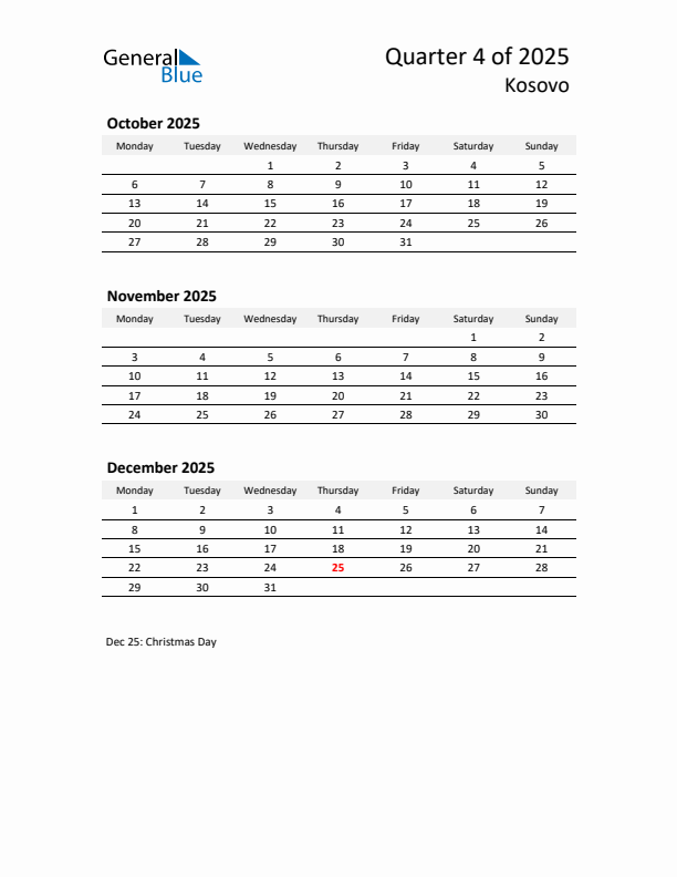 2025 Q4 Three-Month Calendar for Kosovo