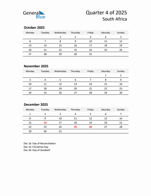 2025 Q4 Three-Month Calendar for South Africa