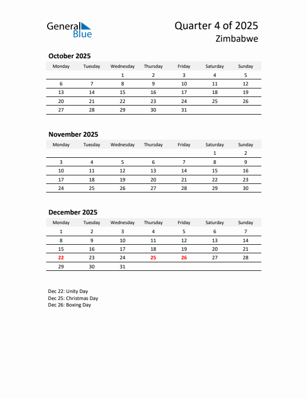 2025 Q4 Three-Month Calendar for Zimbabwe