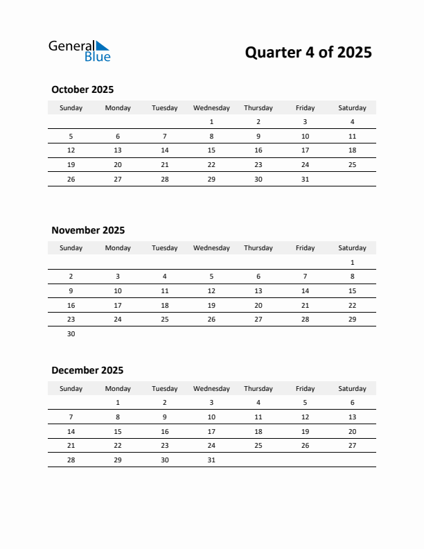 2025 Three-Month Calendar (Quarter 4)