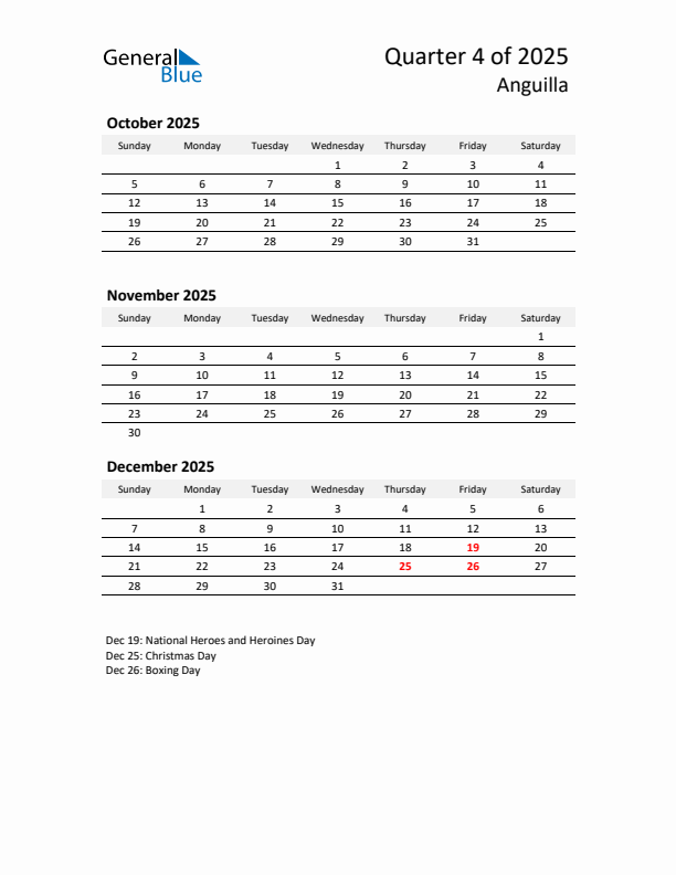 2025 Q4 Three-Month Calendar for Anguilla