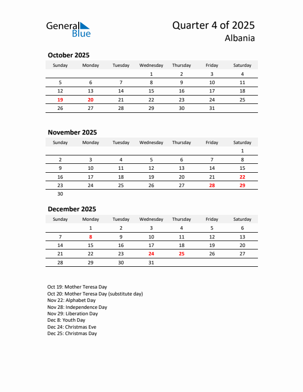 2025 Q4 Three-Month Calendar for Albania