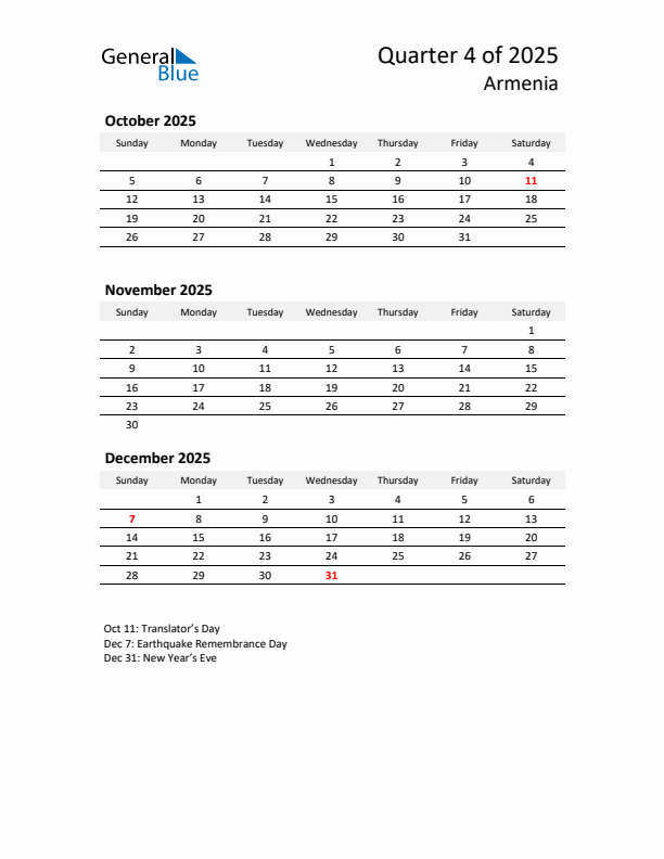 2025 Q4 Three-Month Calendar for Armenia