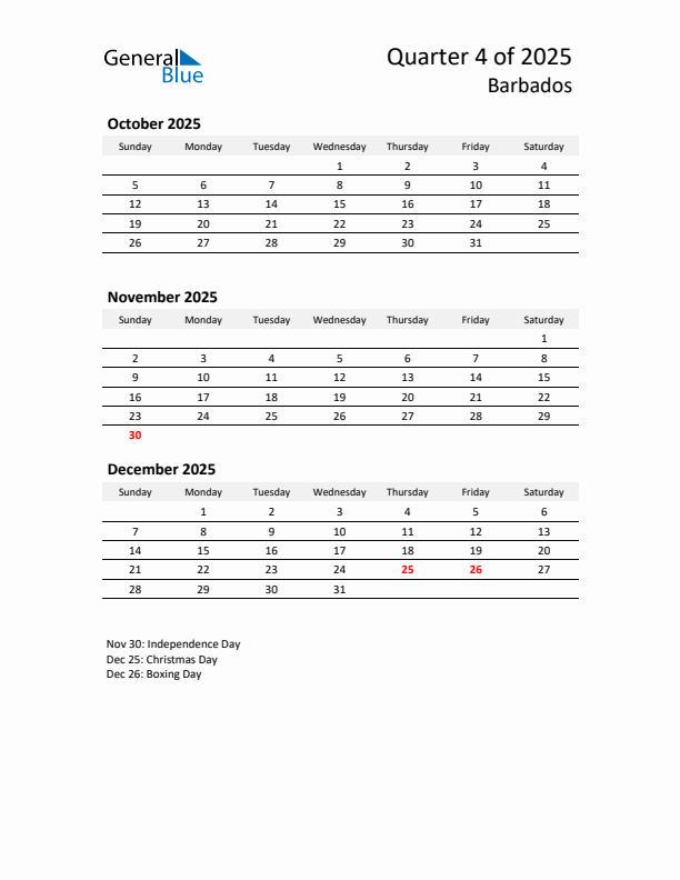 2025 Q4 Three-Month Calendar for Barbados