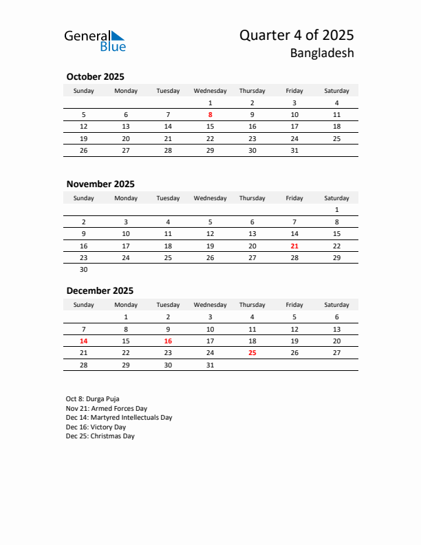 2025 Q4 Three-Month Calendar for Bangladesh