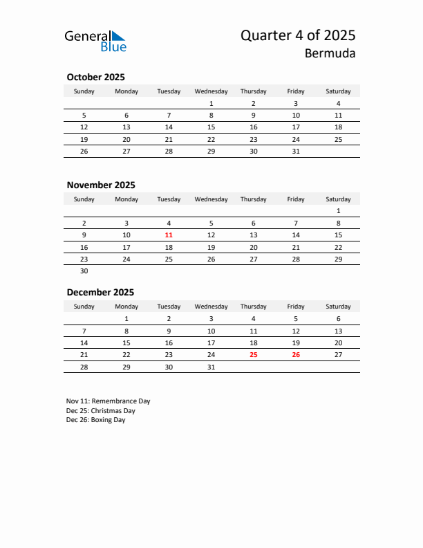 2025 Q4 Three-Month Calendar for Bermuda