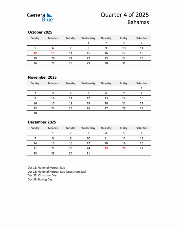 2025 Q4 Three-Month Calendar for Bahamas