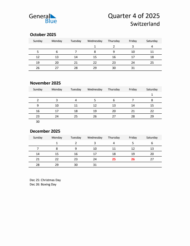 2025 Q4 Three-Month Calendar for Switzerland