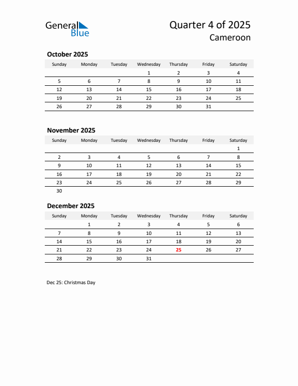 2025 Q4 Three-Month Calendar for Cameroon