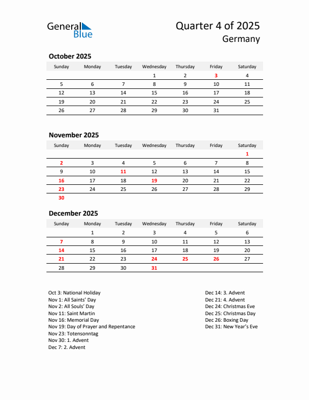 2025 Q4 Three-Month Calendar for Germany