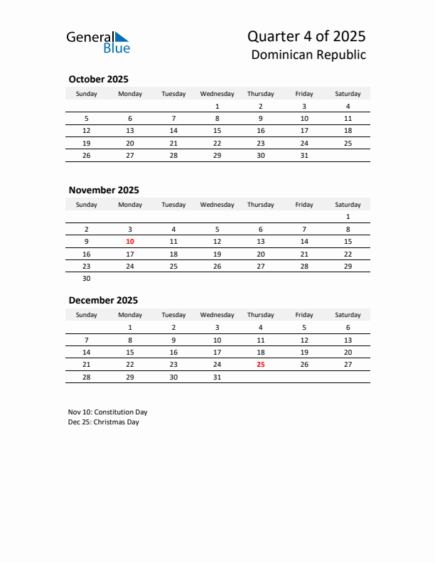 2025 Q4 Three-Month Calendar for Dominican Republic