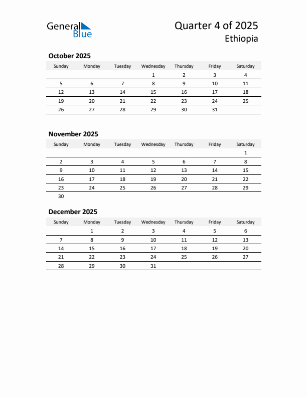 2025 Q4 Three-Month Calendar for Ethiopia