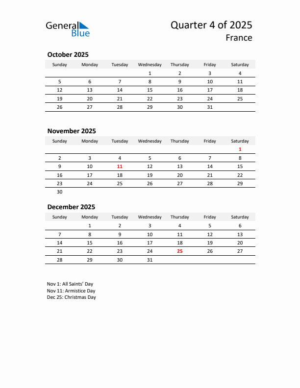 2025 Q4 Three-Month Calendar for France