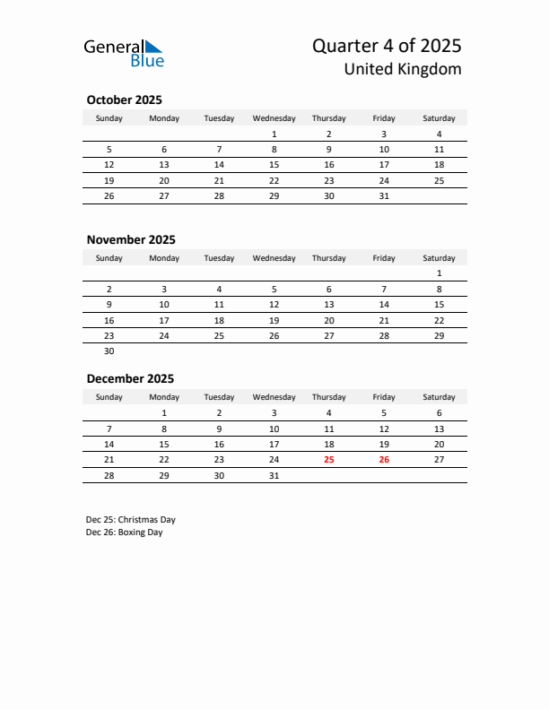 2025 Q4 Three-Month Calendar for United Kingdom