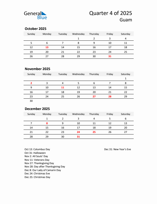 2025 Q4 Three-Month Calendar for Guam