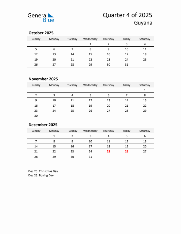 2025 Q4 Three-Month Calendar for Guyana