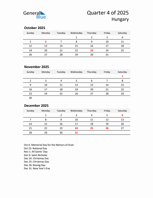 2025 Q4 Three-Month Calendar for Hungary