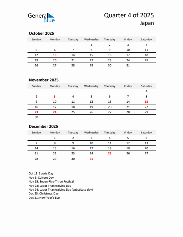 2025 Q4 Three-Month Calendar for Japan