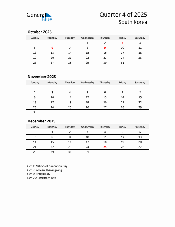 2025 Q4 Three-Month Calendar for South Korea