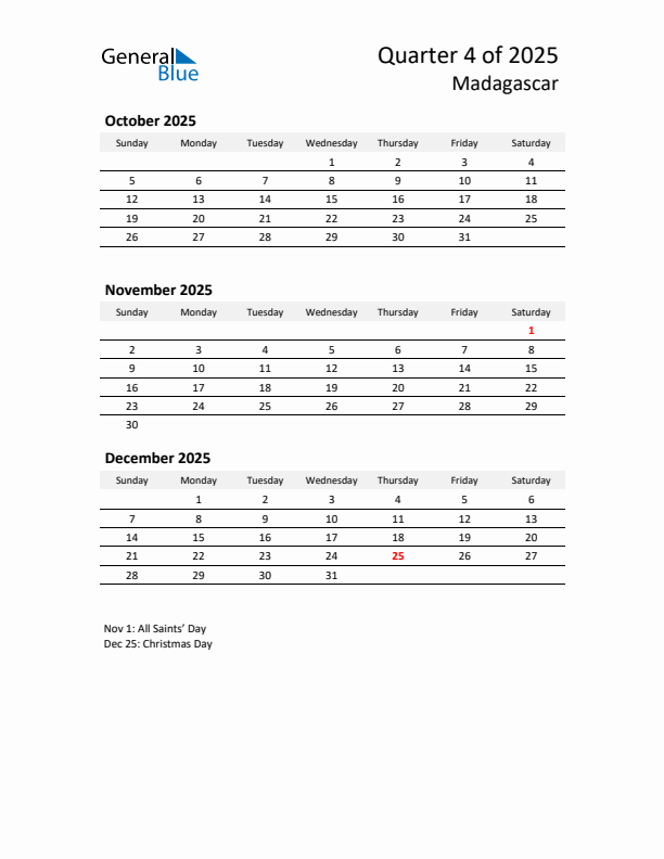 2025 Q4 Three-Month Calendar for Madagascar