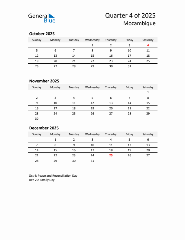 2025 Q4 Three-Month Calendar for Mozambique