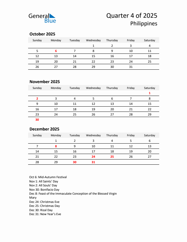 2025 Q4 Three-Month Calendar for Philippines