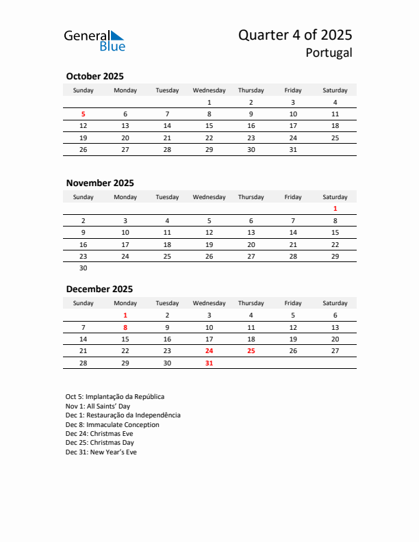 2025 Q4 Three-Month Calendar for Portugal