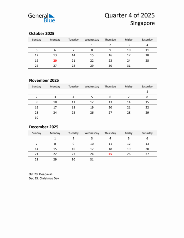 2025 Q4 Three-Month Calendar for Singapore