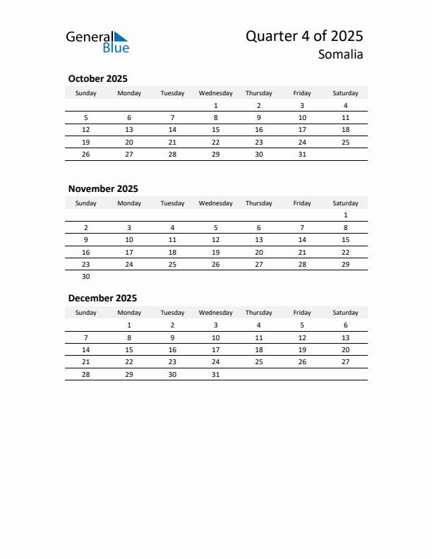 2025 Q4 Three-Month Calendar for Somalia