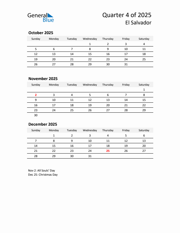 2025 Q4 Three-Month Calendar for El Salvador