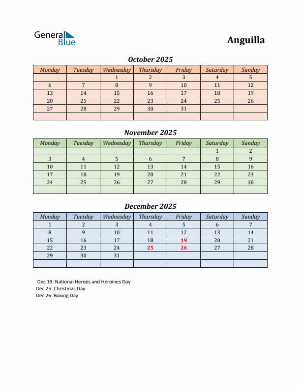 Q4 2025 Holiday Calendar - Anguilla