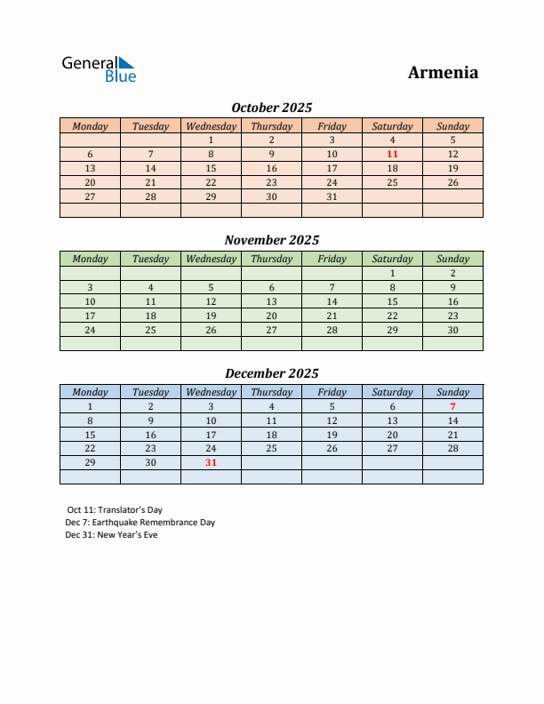 Q4 2025 Holiday Calendar - Armenia