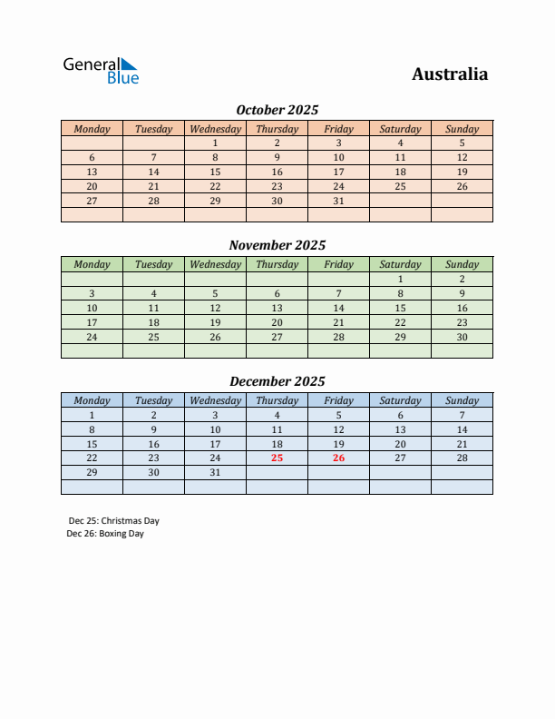 Q4 2025 Holiday Calendar - Australia