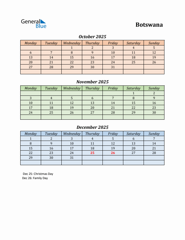 Q4 2025 Holiday Calendar - Botswana