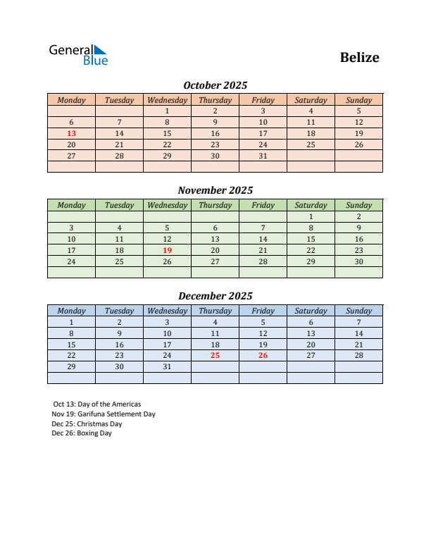 Q4 2025 Holiday Calendar - Belize