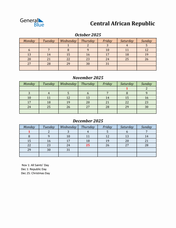 Q4 2025 Holiday Calendar - Central African Republic