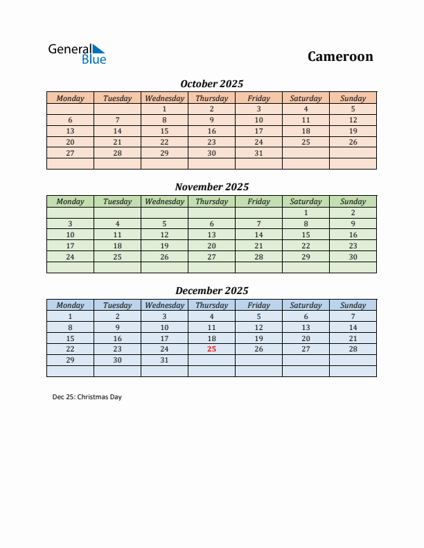 Q4 2025 Holiday Calendar - Cameroon