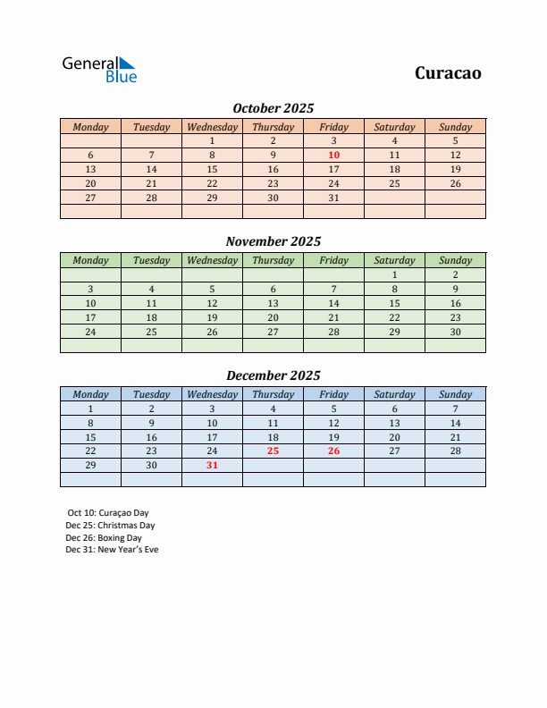 Q4 2025 Holiday Calendar - Curacao