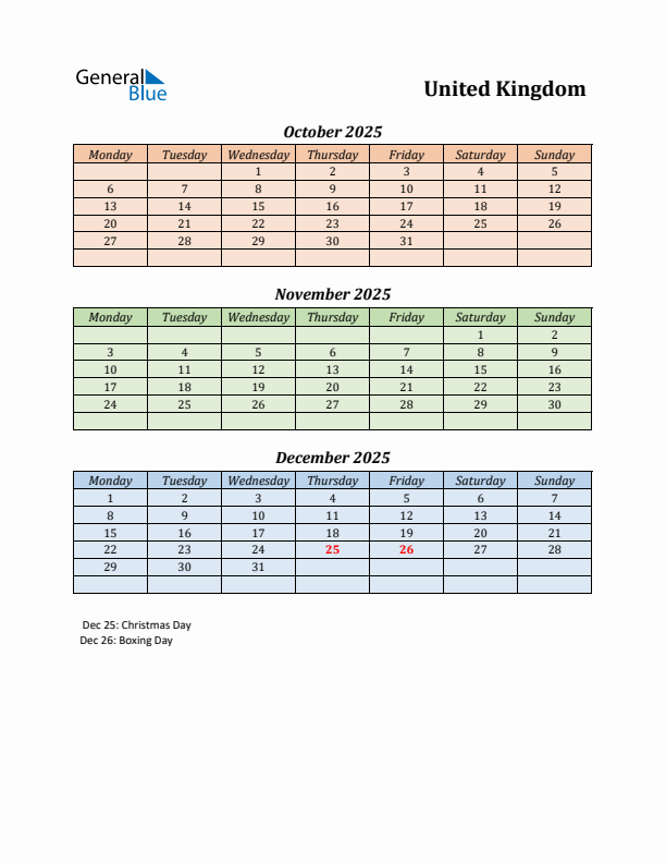 Q4 2025 Holiday Calendar - United Kingdom