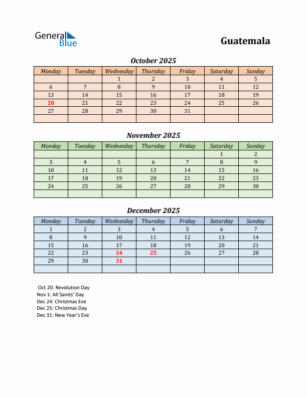 Q4 2025 Holiday Calendar - Guatemala