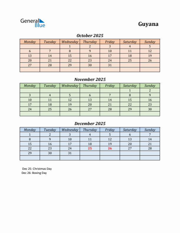 Q4 2025 Holiday Calendar - Guyana