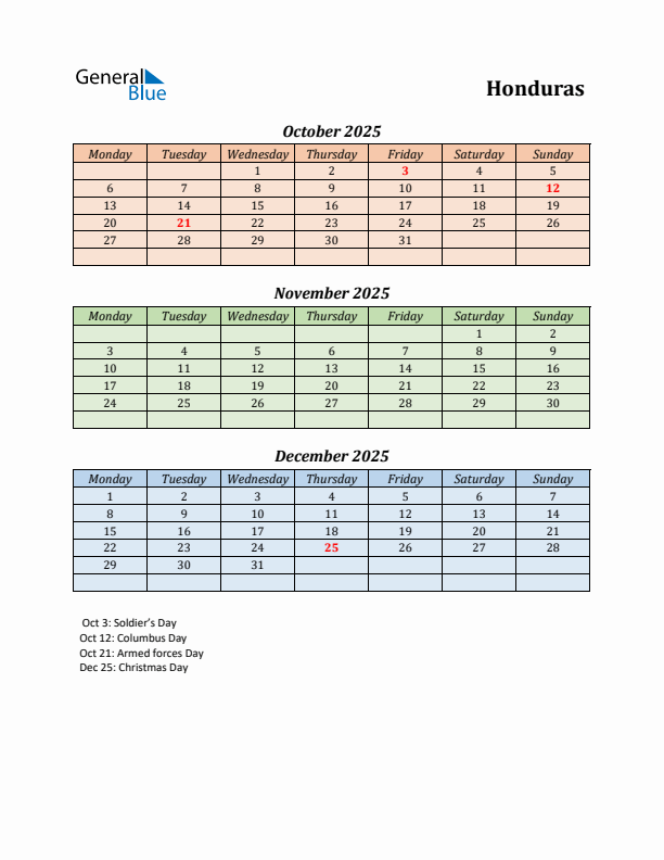 Q4 2025 Holiday Calendar - Honduras