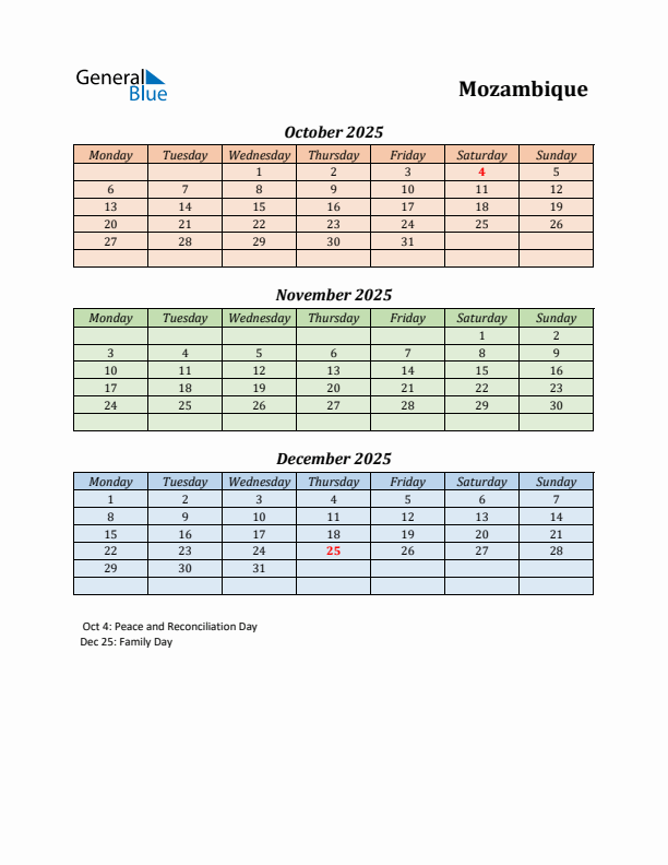 Q4 2025 Holiday Calendar - Mozambique