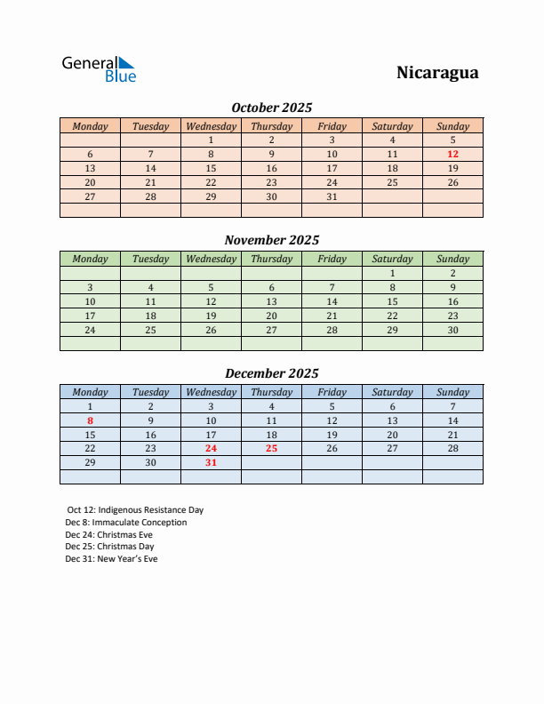 Q4 2025 Holiday Calendar - Nicaragua