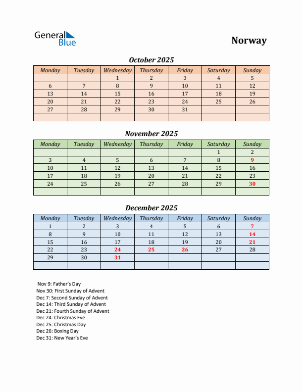 Q4 2025 Holiday Calendar - Norway