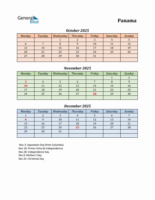 Q4 2025 Holiday Calendar - Panama