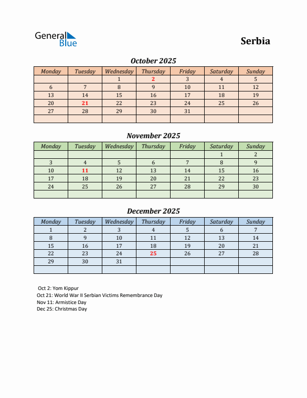 Q4 2025 Holiday Calendar - Serbia